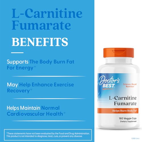 Doctors Best L-Carnitine Fumarate bottle pouring capsules highlights fat metabolism support