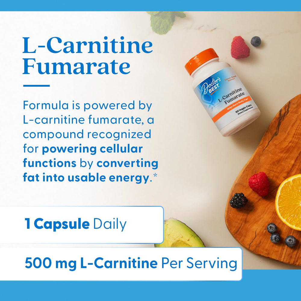 Doctors Best L-Carnitine Fumarate in packaging conveys purity and allergen-free promise