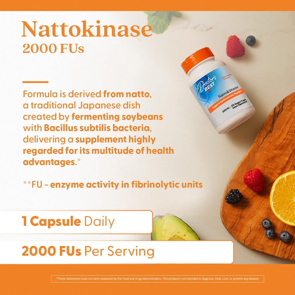 Bottle with natto-origin imagery suggesting fermentation-derived enzyme source.