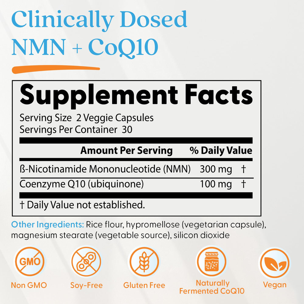 Closeup of Doctor's Best NMN CoQ10 capsules in bottle for NAD plus energy