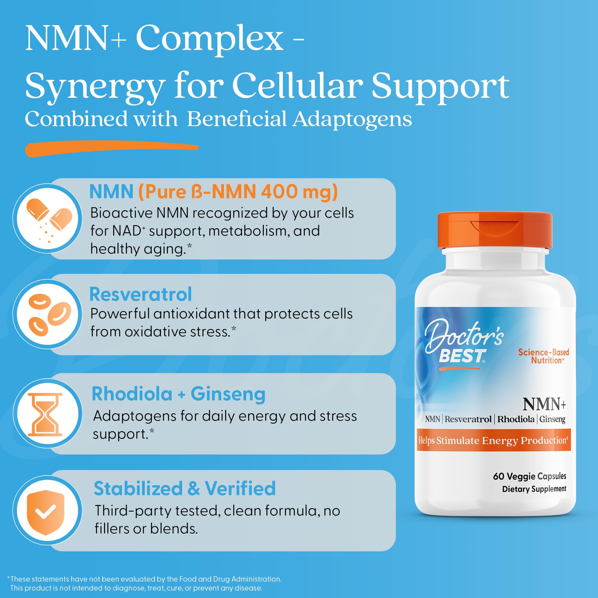 Doctor's Best NMN+ capsules being poured to illustrate daily dosing