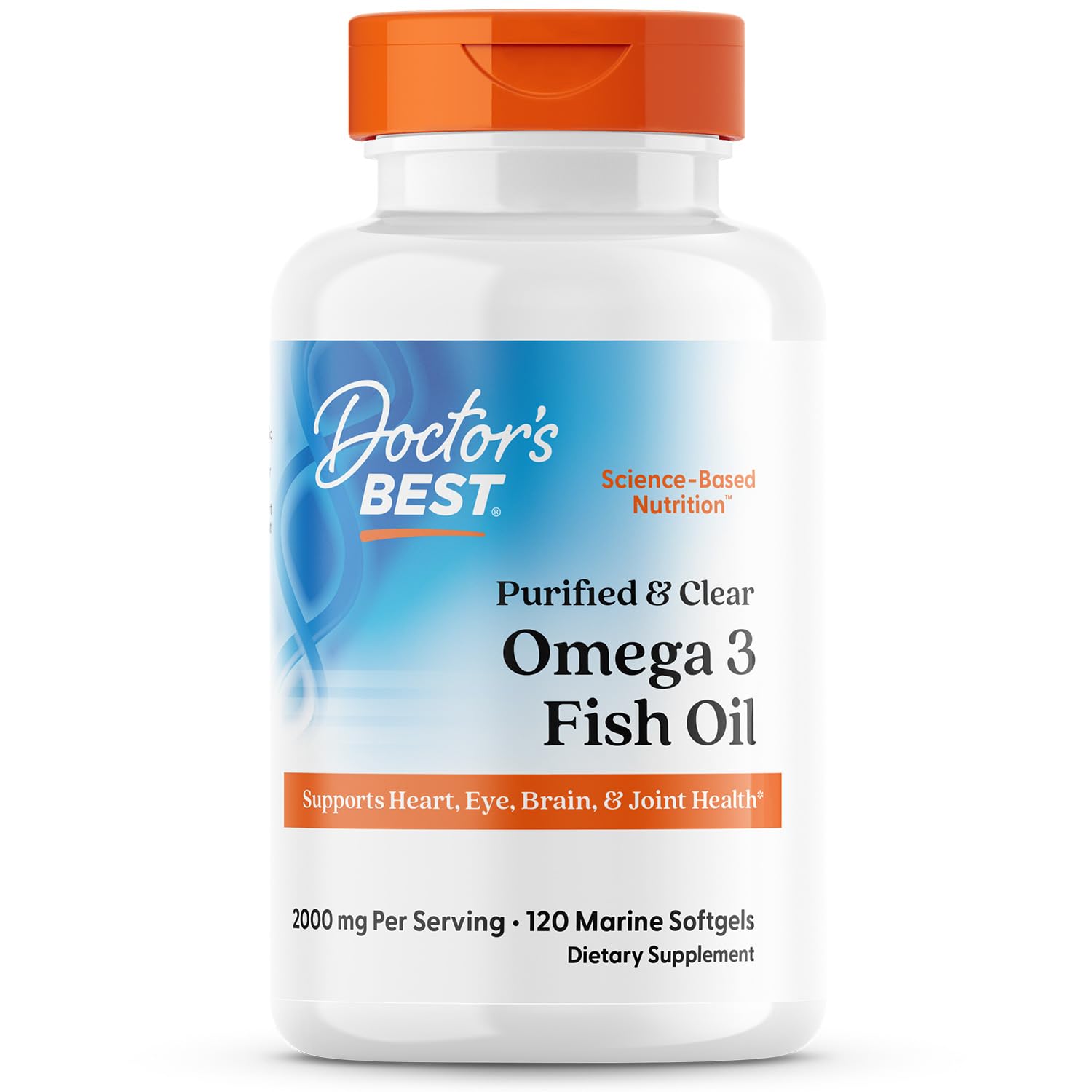 Doctor's BEST Omega-3 fish oil bottle shows purified oil with traceable sourcing for daily wellness.