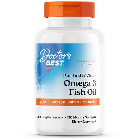 Doctor's BEST Omega-3 fish oil bottle shows purified oil with traceable sourcing for daily wellness.