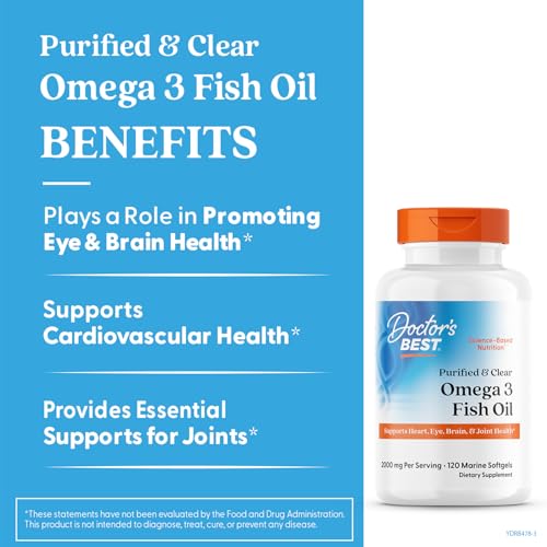 Close-up of Doctor's BEST omega-3 softgels demonstrates easy-to-swallow capsules for daily use.
