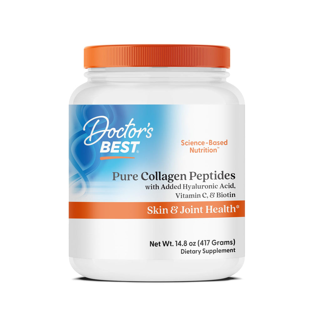 Doctor's Best pure collagen peptides bottle highlighting hydration-friendly formula with hyaluronic acid.