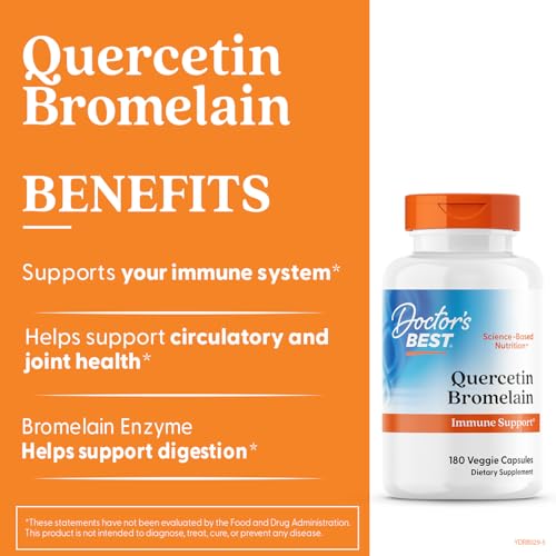 Doctor's Best Quercetin Bromelain label, highlighting vegan and non-GMO attributes.