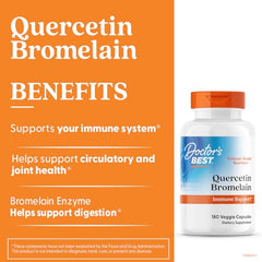 Doctor's Best Quercetin Bromelain label, highlighting vegan and non-GMO attributes.