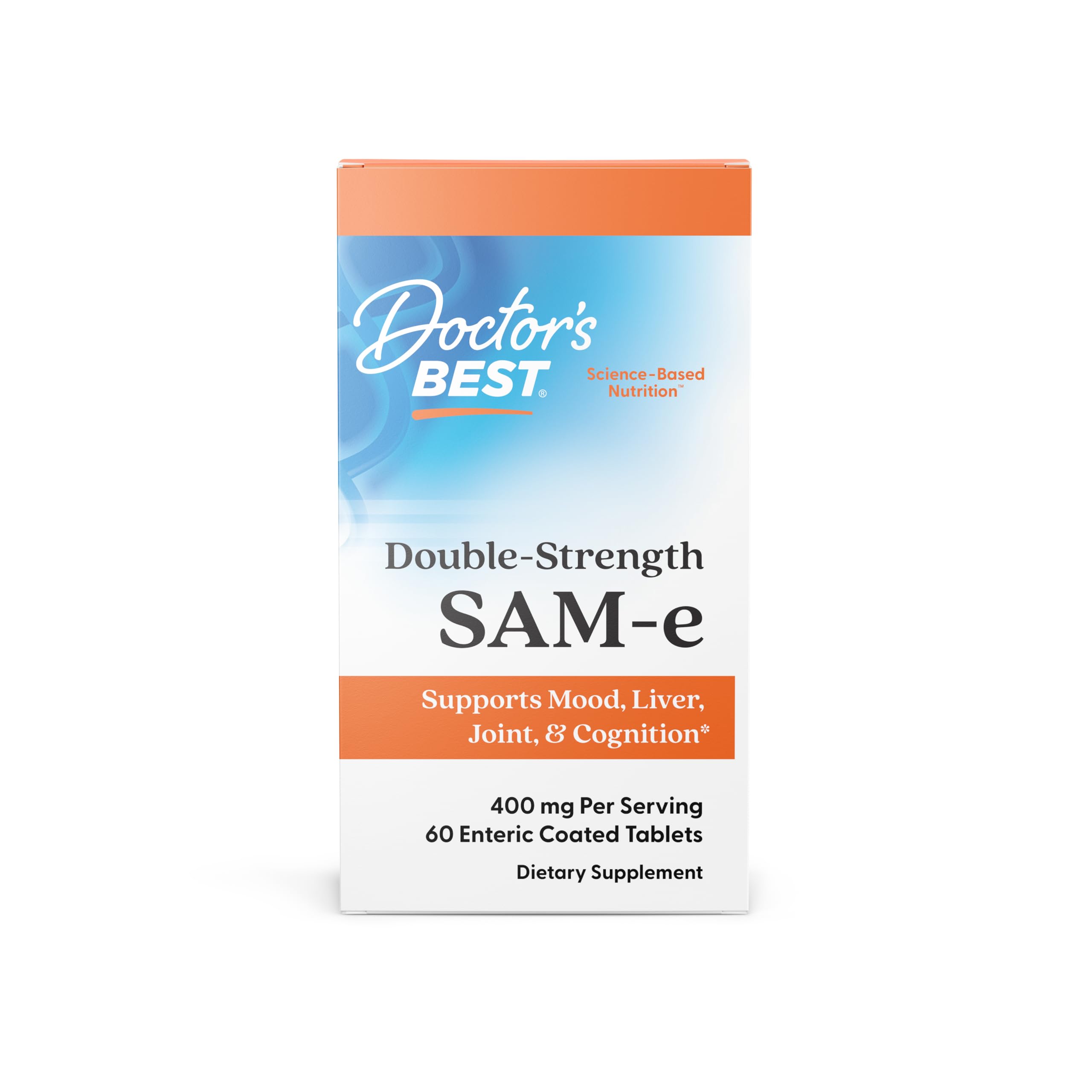 Doctors Best SAMe 400 mg bottle on shelf suggesting mood and joint support.