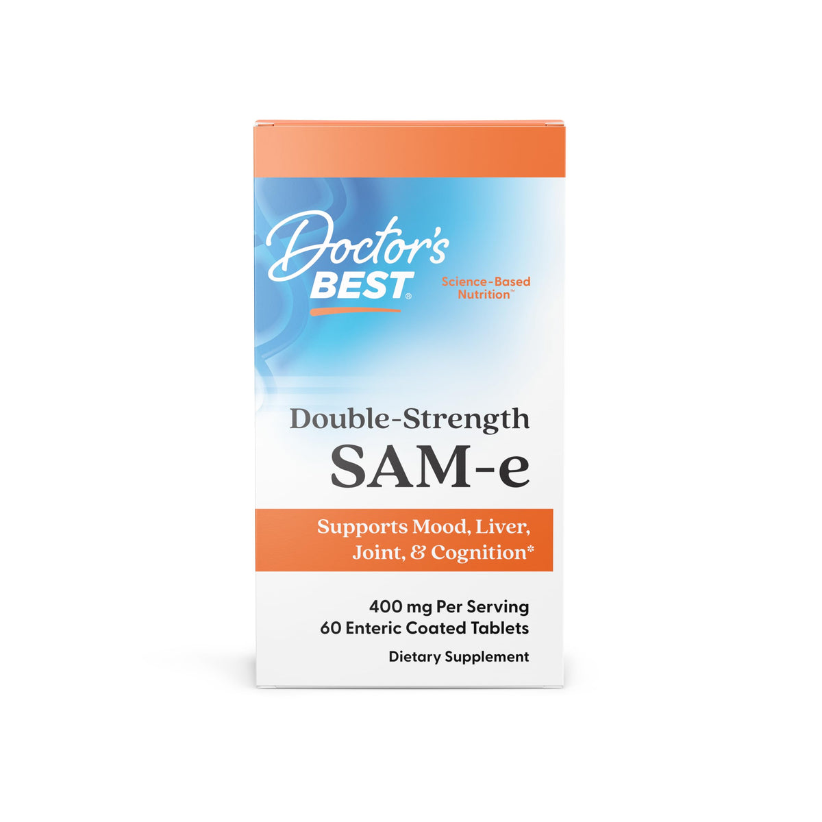Doctors Best SAMe 400 mg bottle on shelf suggesting mood and joint support.