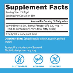 Label close-up shows high-quality saw palmetto extract for urinary comfort