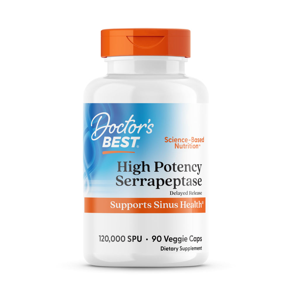 Doctor's Best Serrapeptase bottle close-up highlighting high potency.