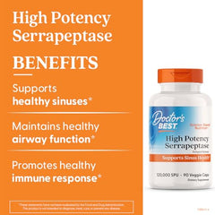 Doctor's Best Serrapeptase veggie caps in labeled bottle.