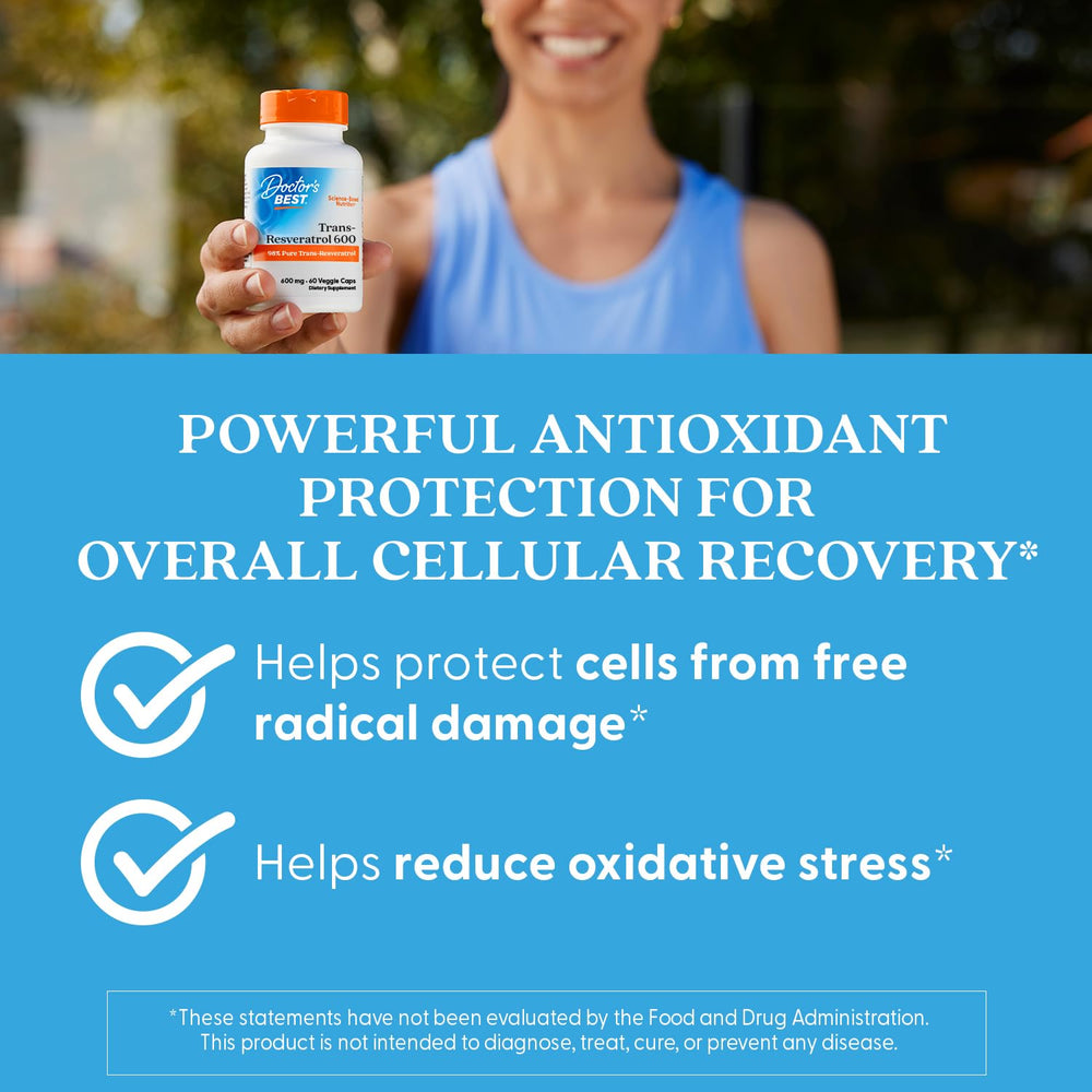 Doctor's Best Trans-Resveratrol supplement scene emphasizing gluten-free and non-GMO.
