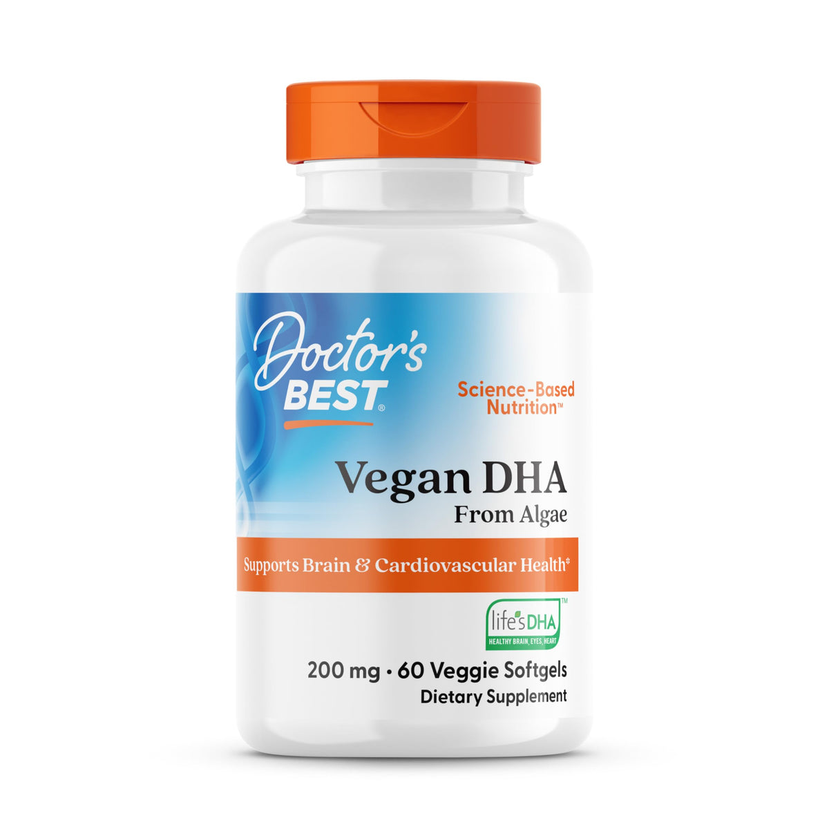 Doctors Best vegan DHA algae bottle front showing plant-based omega-3 option for daily wellness