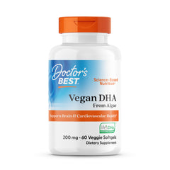 Doctors Best vegan DHA algae bottle front showing plant-based omega-3 option for daily wellness