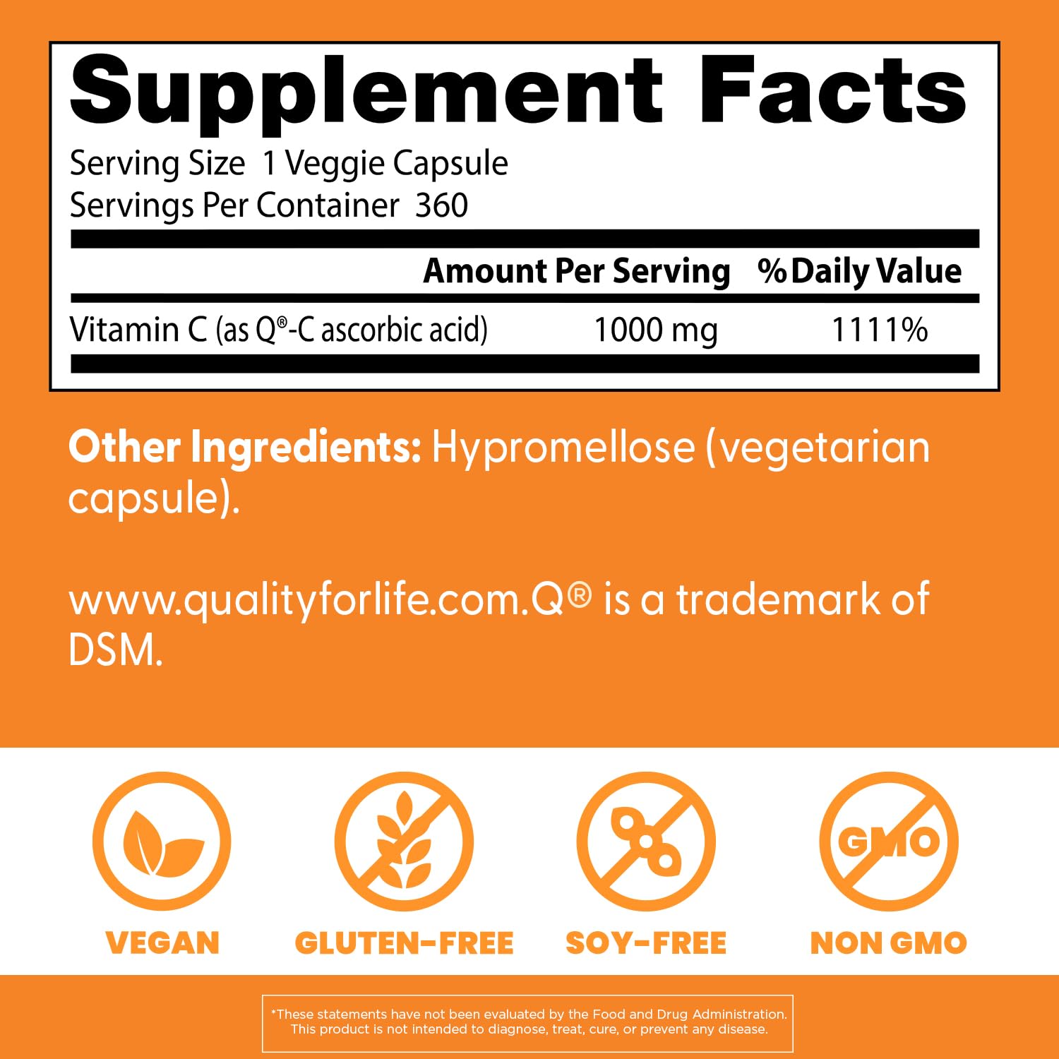 Doctor's Best Vitamin C bottle nutrition label detail highlights gluten-free and soy-free ingredients.