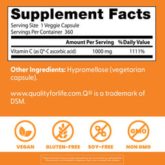 Doctor's Best Vitamin C bottle nutrition label detail highlights gluten-free and soy-free ingredients.
