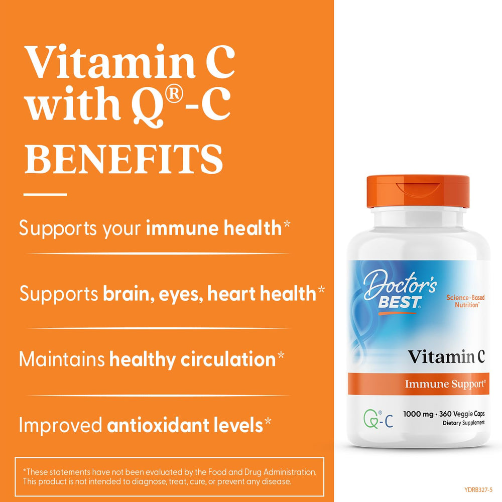 Doctor's Best Vitamin C capsules closeup shows vegan, non-GMO antioxidant options.