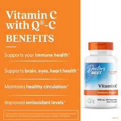 Doctor's Best Vitamin C capsules closeup shows vegan, non-GMO antioxidant options.