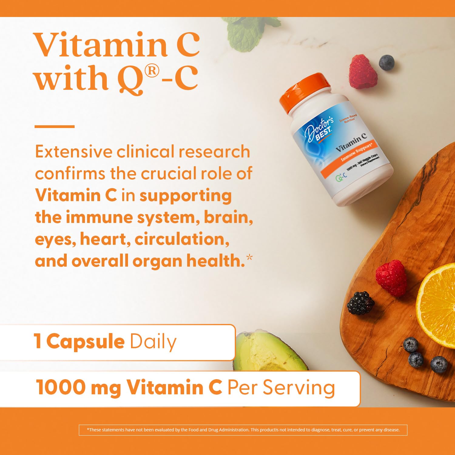 Doctor's Best Vitamin C veggie capsules in bottle emphasize plant-based vitamin C.