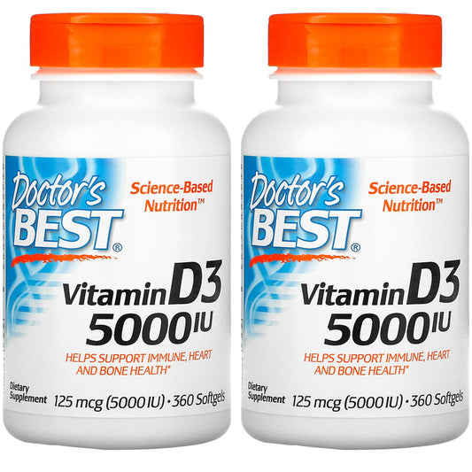 Doctor's Best Vitamin D3 bottle front view, 360 softgels, daily immune and bone support.