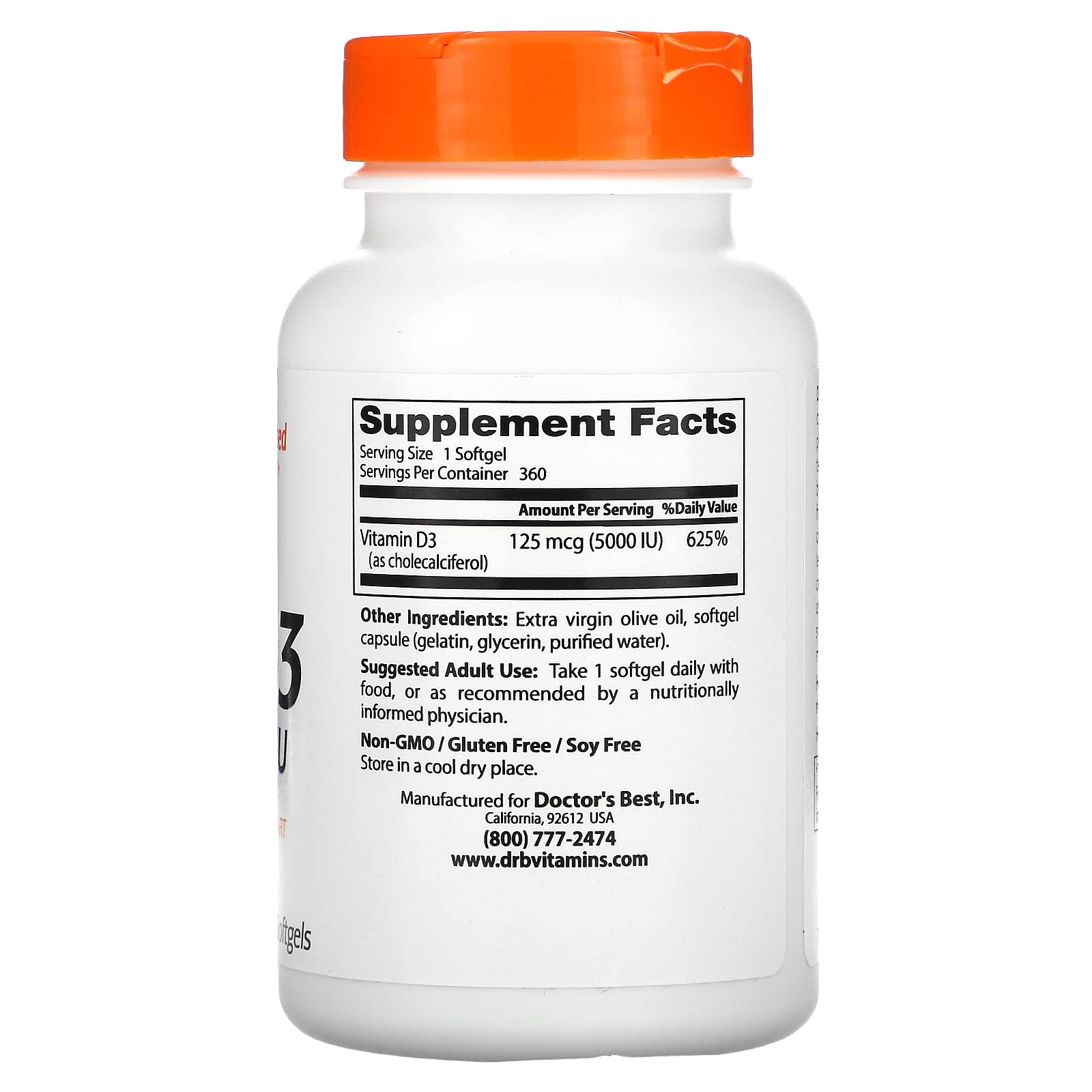 Close-up of Doctor's Best Vitamin D3 bottle with capsules, suggesting heart health and calcium balance.