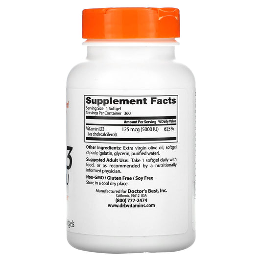 Close-up of Doctor's Best Vitamin D3 bottle with capsules, suggesting heart health and calcium balance.