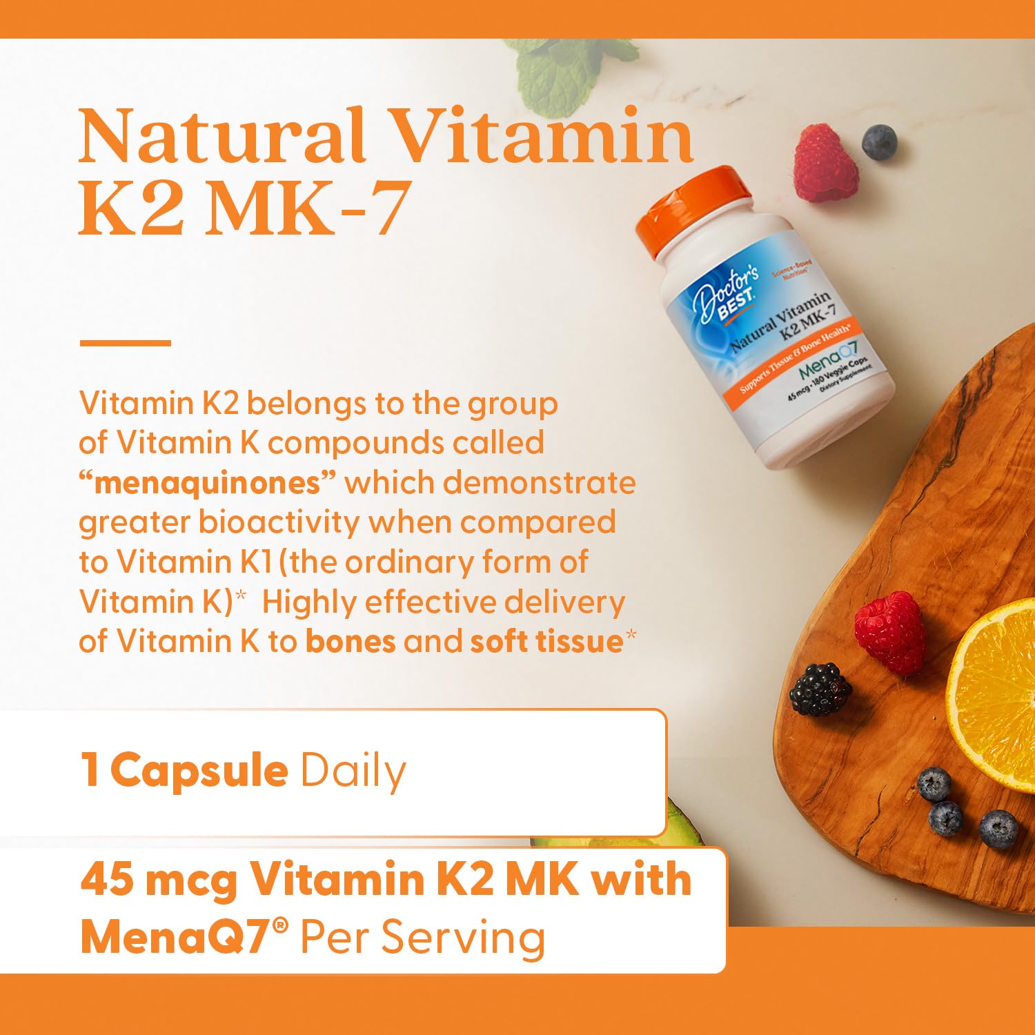 Doctor's Best Vitamin K2 MK-7 bottle in kitchen suggests easy daily routine.