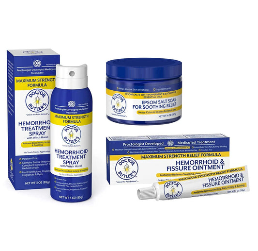 Doctor Butler's hemorrhoid ointment tube with 4% lidocaine for fast comfort.