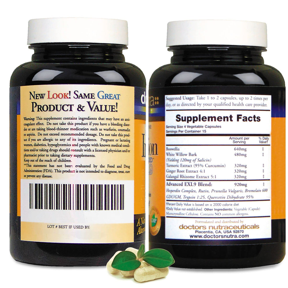 Back label of Doctors Nutra Inflamezze bottle with ingredient highlights.