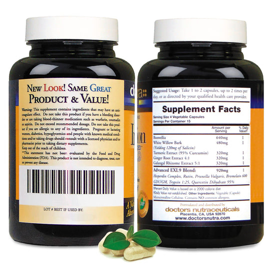 Back label of Doctors Nutra Inflamezze bottle with ingredient highlights.