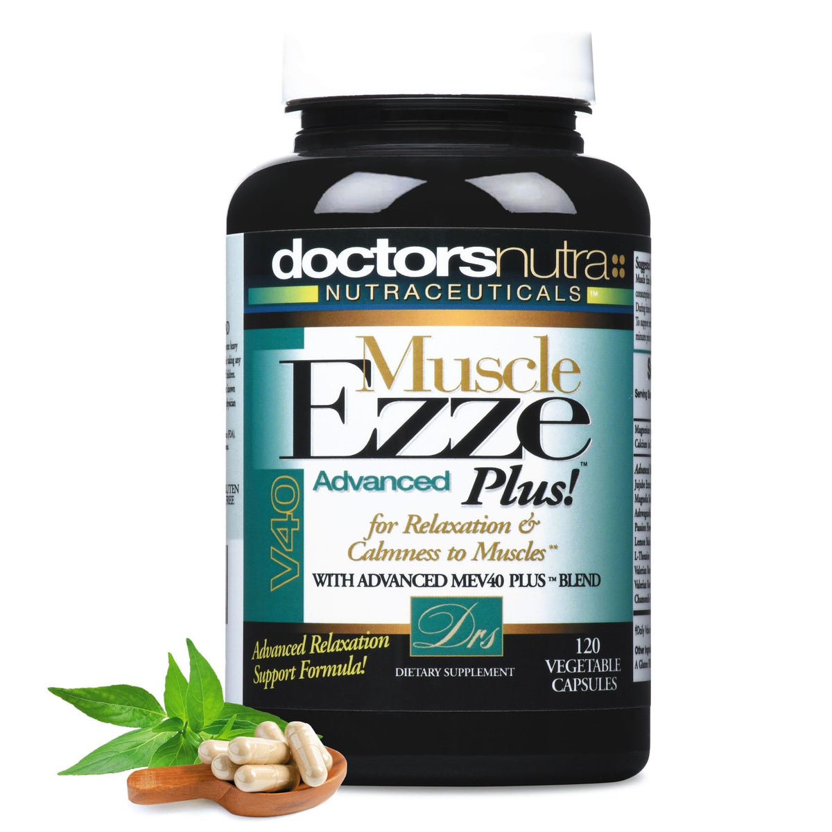 Doctors Nutra Muscle Ezze Plus bottle label highlights gluten-free formula for daily support.