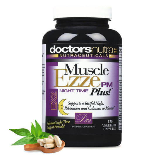Doctors Nutra Muscle Ezze PM Plus bottle suggests evening relaxation support with magnesium glycinate.