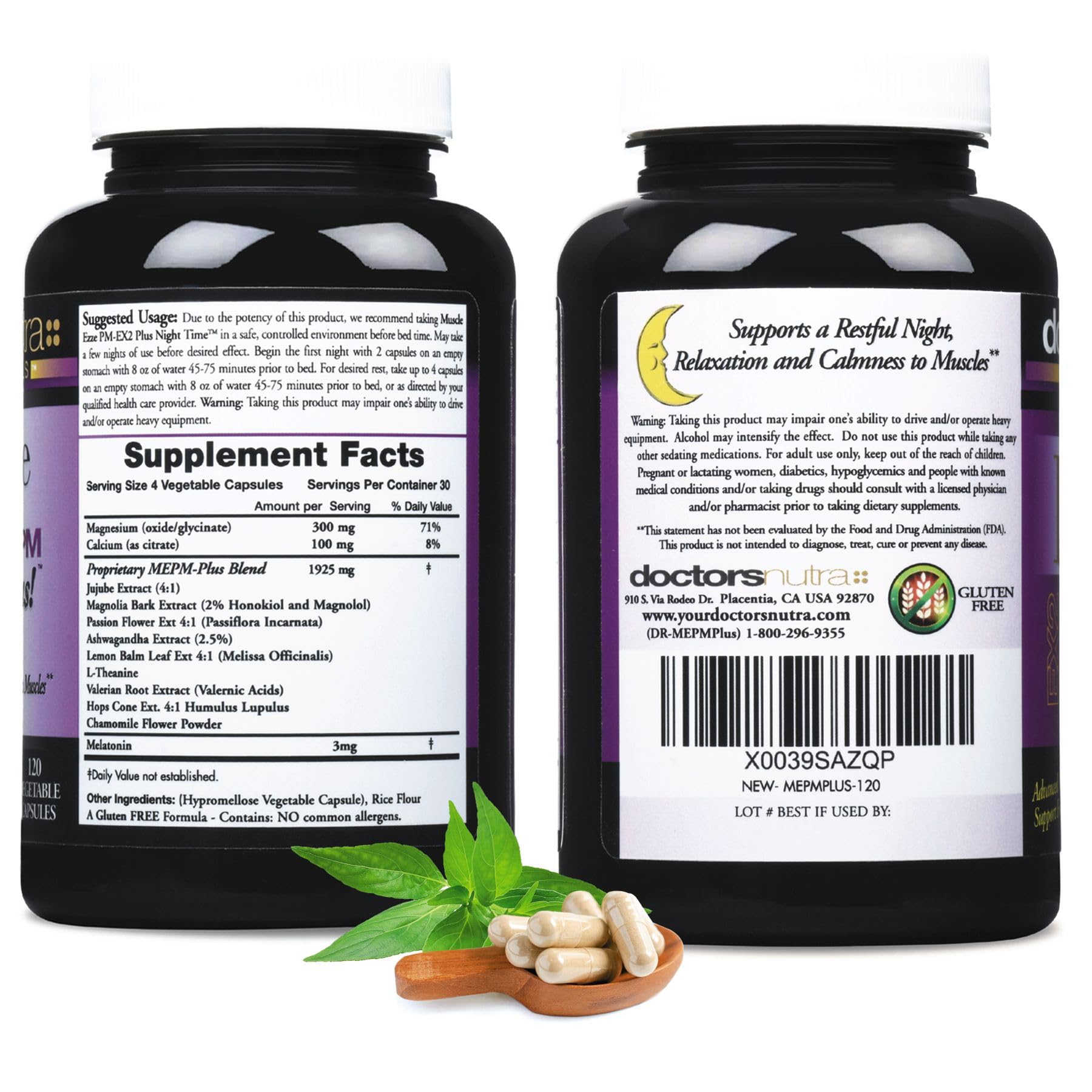 Close-up of Doctors Nutra Muscle Ezze PM Plus capsules highlights magnesium glycinate for calm nights.