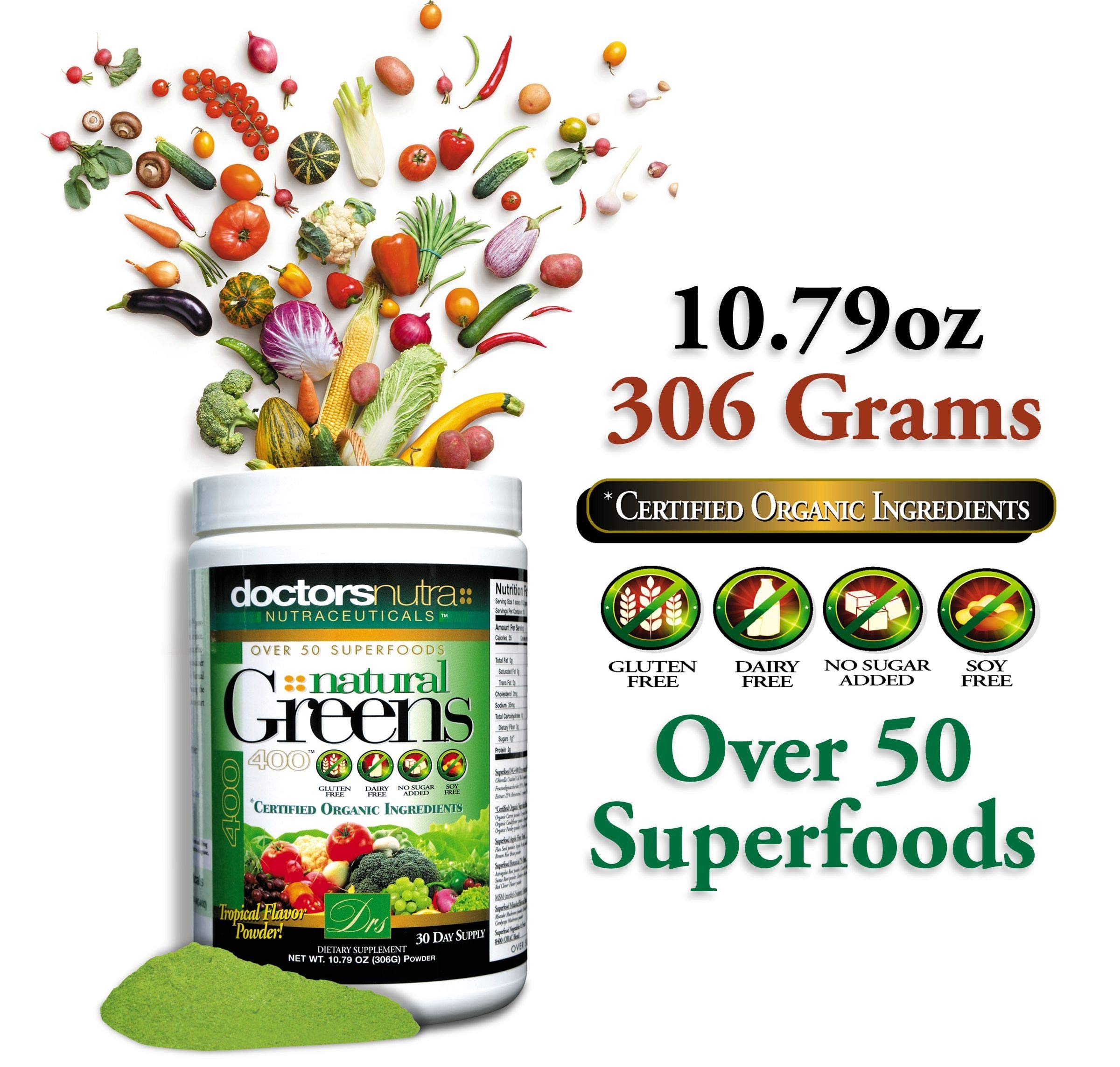 Scoop of Doctors Nutra Nutraceuticals Greens powder in tropical flavor for smoothies