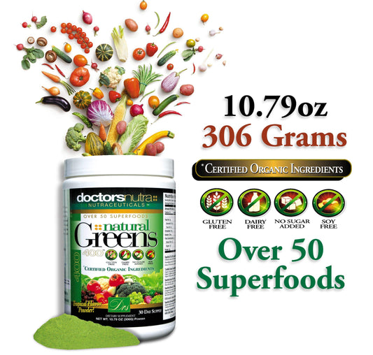 Scoop of Doctors Nutra Nutraceuticals Greens powder in tropical flavor for smoothies