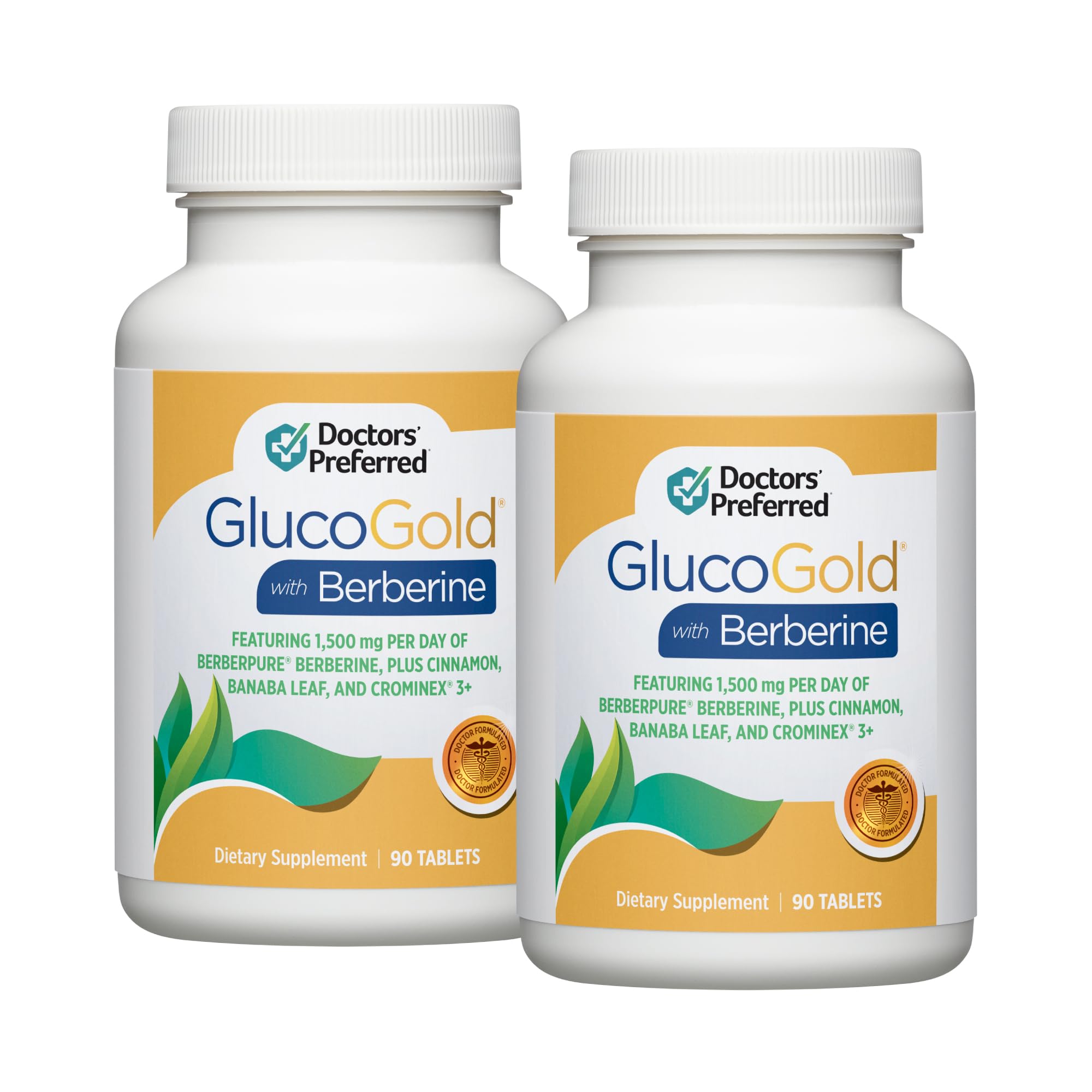 DOCTORS' PREFERRED GlucoGold bottle with berberine supports daily wellness.