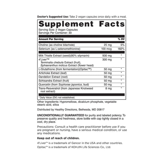 DOCTORS' PREFERRED Liver+ bottle back label highlighting 10-in-1 vitality support