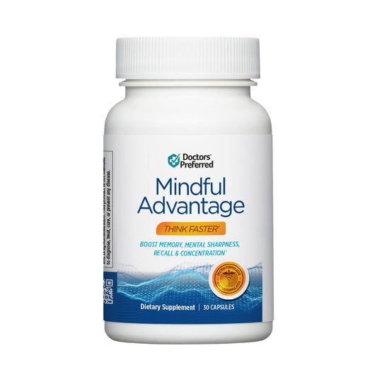 DOCTORS' PREFERRED Mindful Advantage bottle close-up for memory support and clarity.