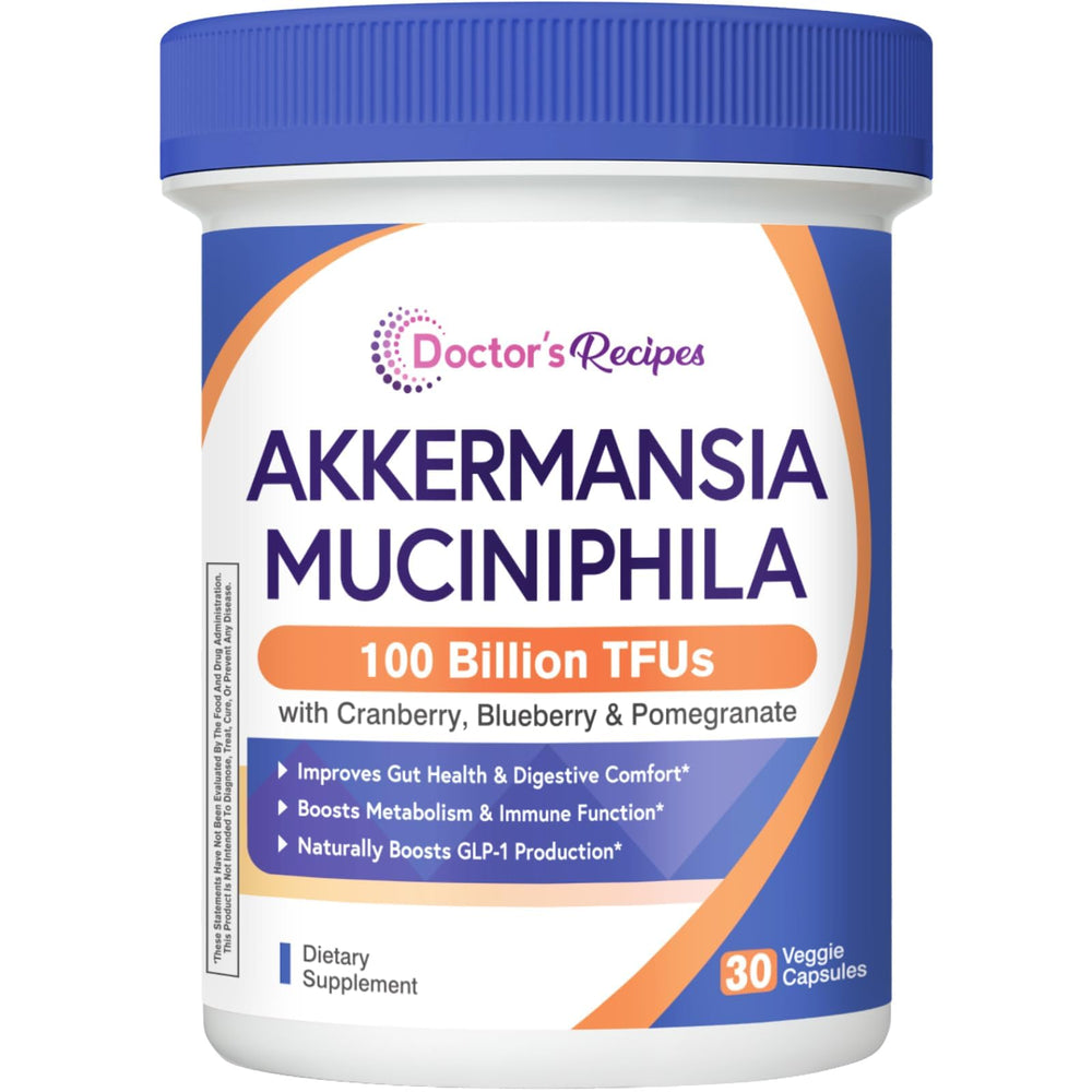Doctor's Recipes Akkermansia probiotic bottle highlighting gut health support.