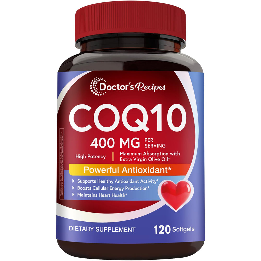 Doctor's Recipes CoQ10 400 mg softgels in bottle supporting daily energy.