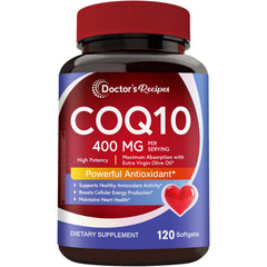 Doctor's Recipes CoQ10 400 mg softgels in bottle supporting daily energy.