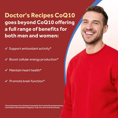 Front label of Doctor's Recipes CoQ10 bottle emphasizing quality.