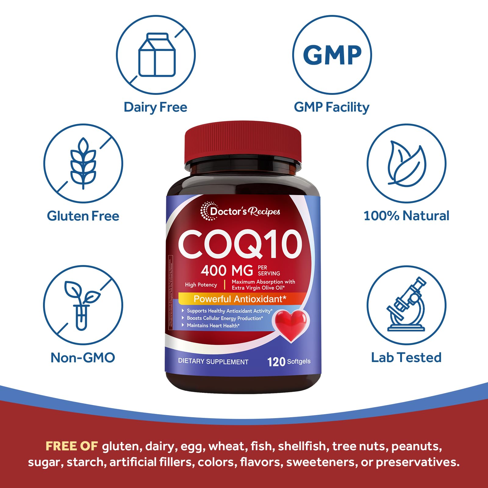 US-made facility stamp on Doctor's Recipes CoQ10 packaging.