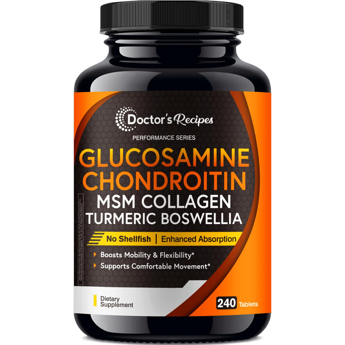 Doctor's Recipes glucosamine chondroitin msm turmeric quercetin tablets bottle front promotes mobility