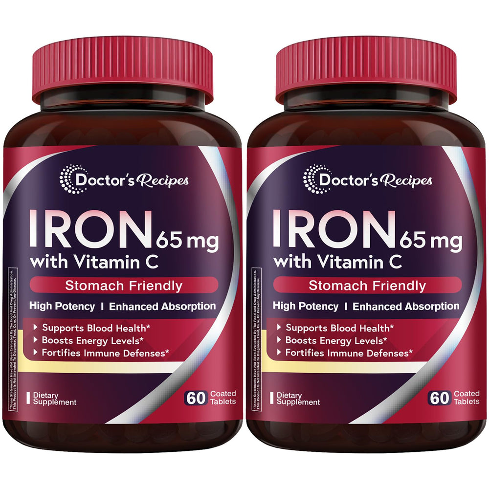 Doctor’s Recipes iron supplement bottle front showing two-pack display for daily iron support