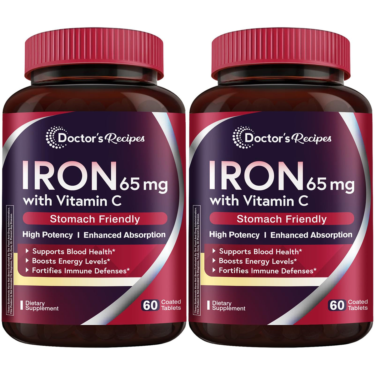 Doctor’s Recipes iron supplement bottle front showing two-pack display for daily iron support