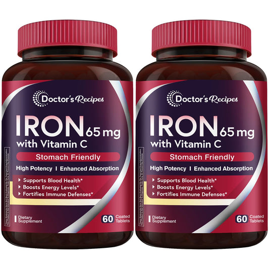 Doctor’s Recipes iron supplement bottle front showing two-pack display for daily iron support