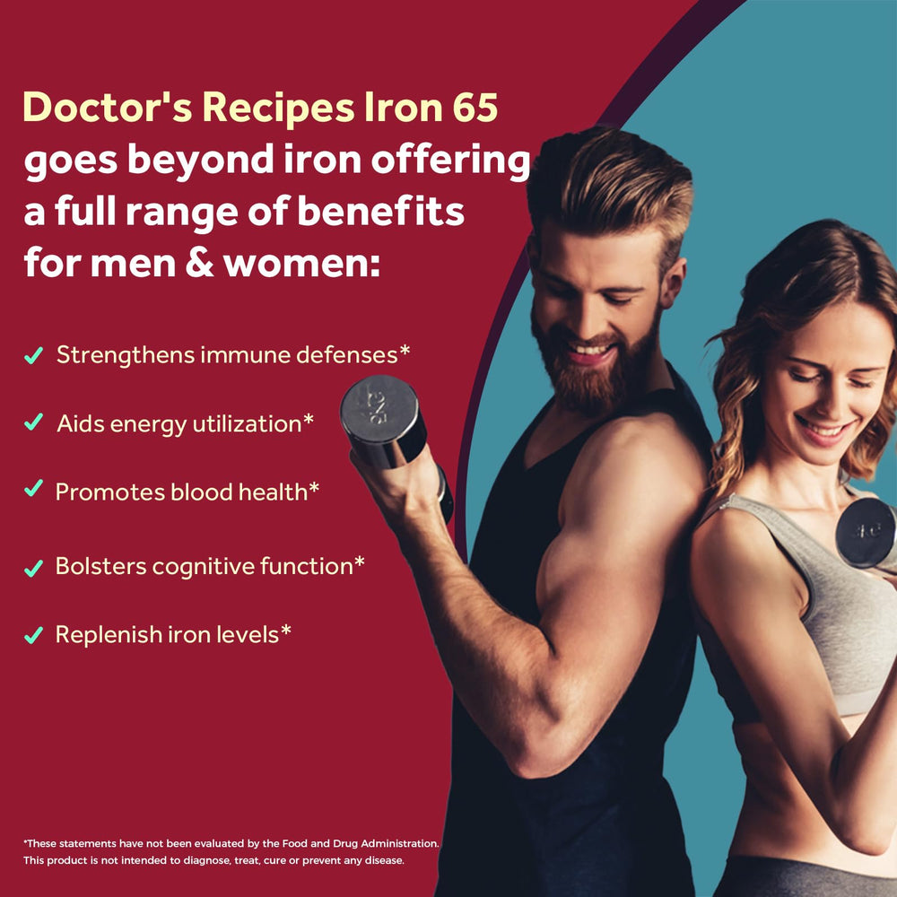 Doctor’s Recipes iron supplement bottle side emphasizing vegan, non-GMO formula