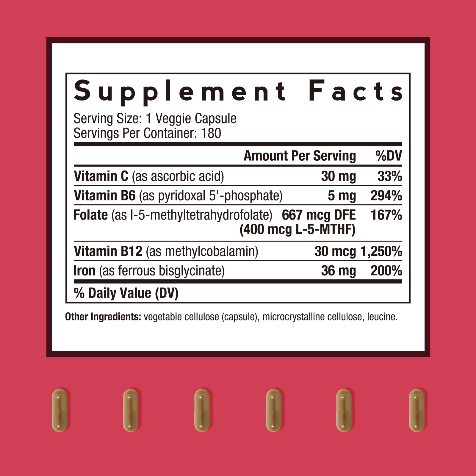 Doctor's Recipes iron capsules closeup showing vegan-friendly, stomach-friendly bisglycinate formula.